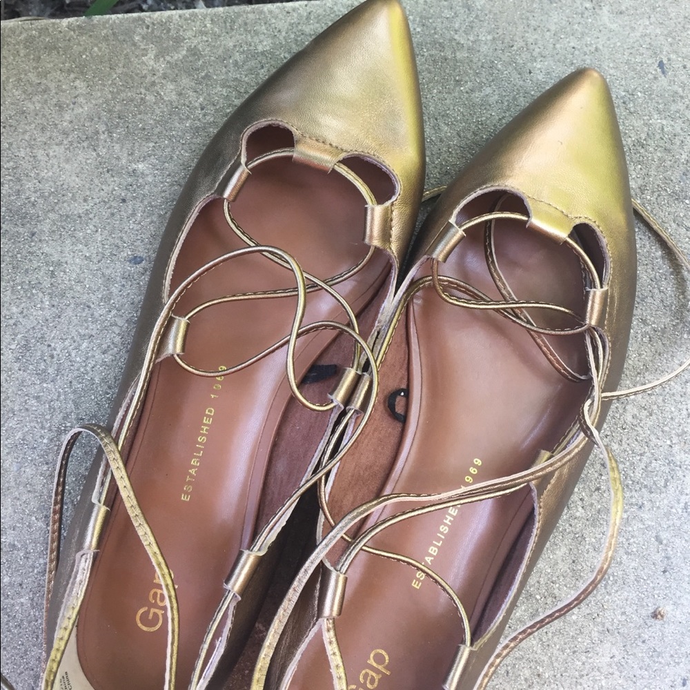 Gold leather lace up ballet flats